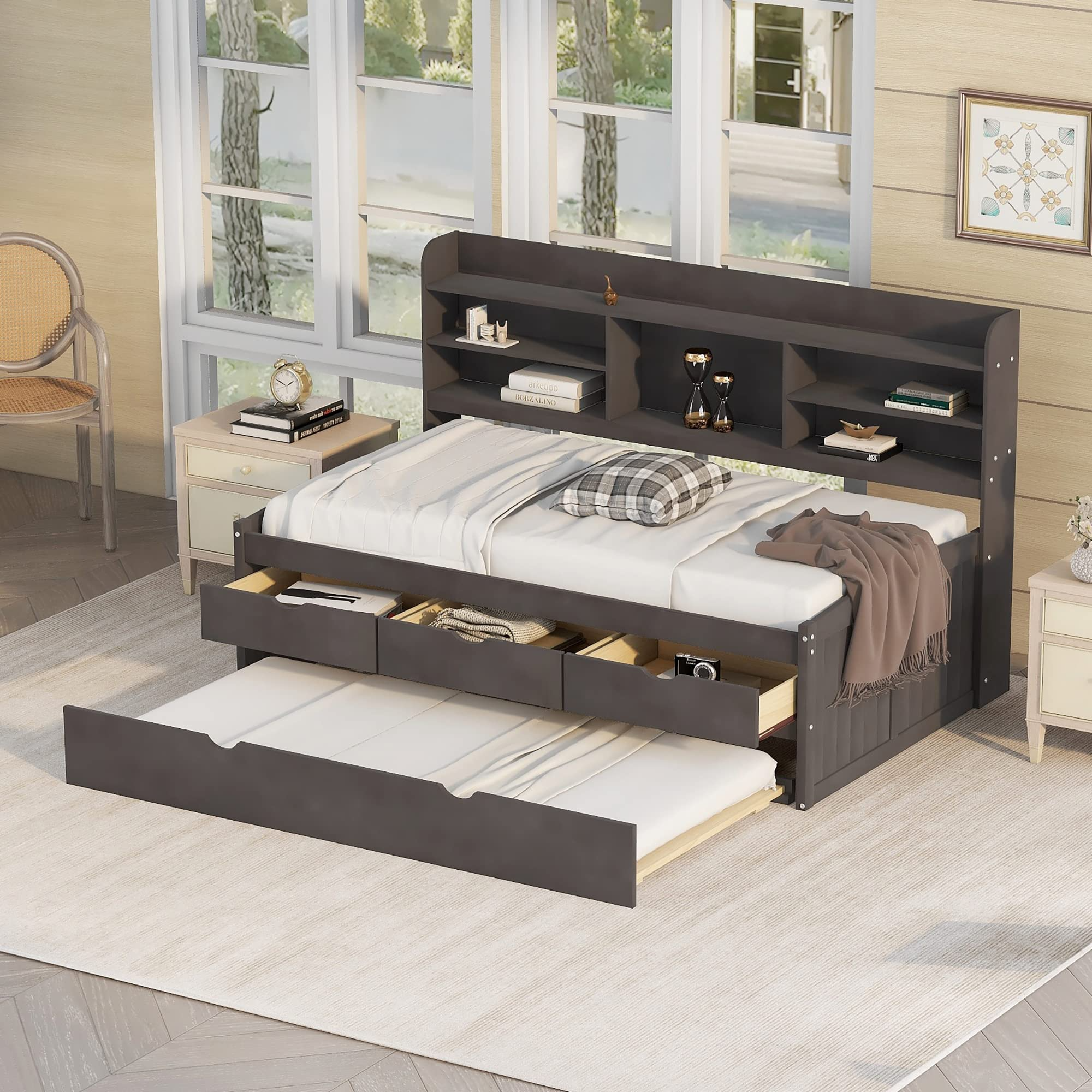 【Furniture】Harper & Bright Designs Twin Captain's Bed with Trundle and Three Storage Drawers