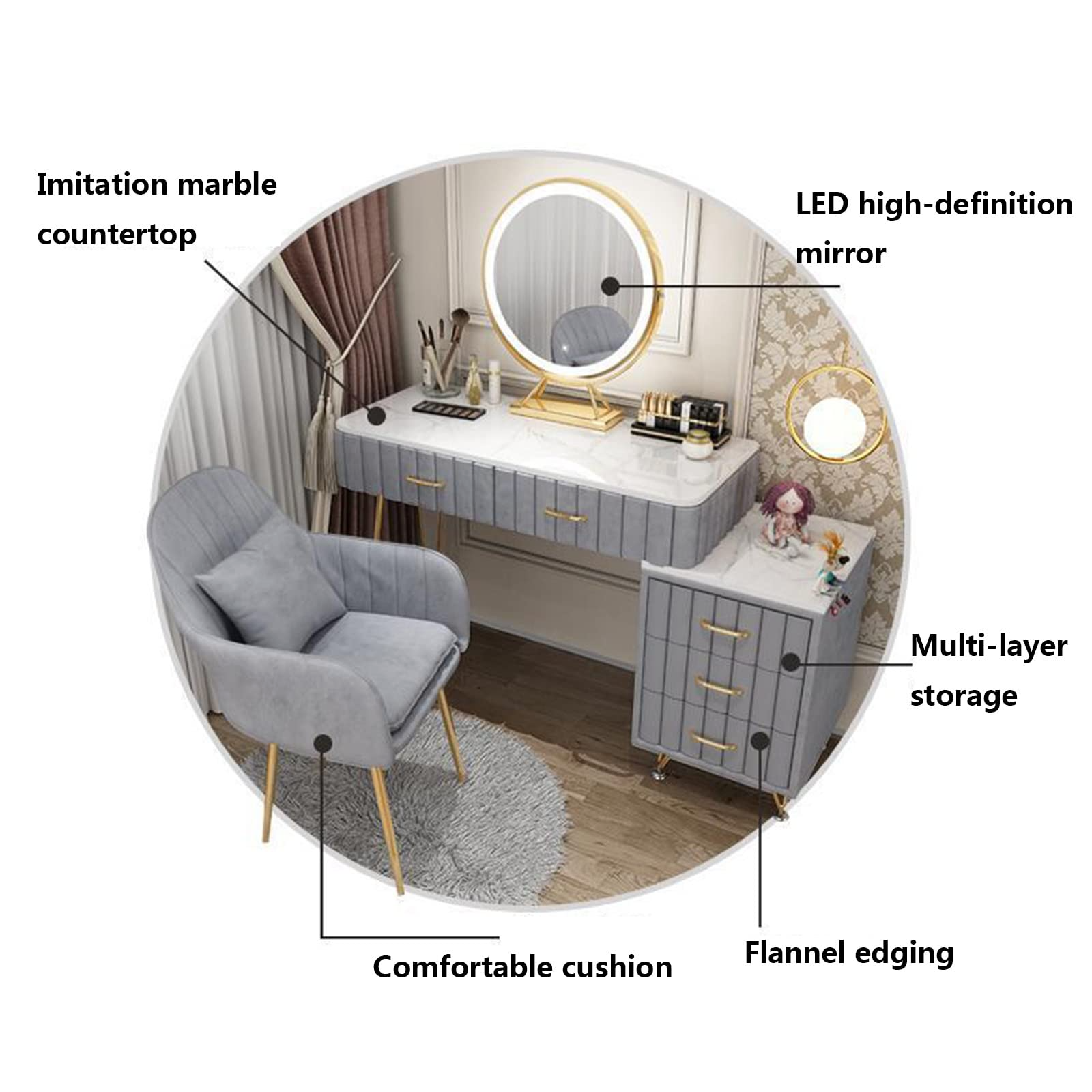 【Furniture】Marble Dresser Set with Illuminated LED Touch Screen Dimmable Round Mirror Makeup Cabinet