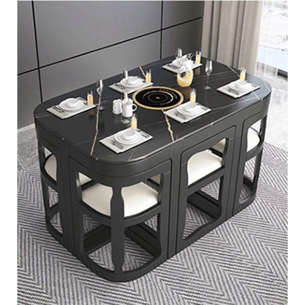 Esstisch und Stühle aus Marmor, Schiefer, Haushalt, kleine Wohnung, moderner, minimalistischer runder Tisch, schrumpfender Esstisch, Kombination aus Tisch und Stuhl aus Massivholz