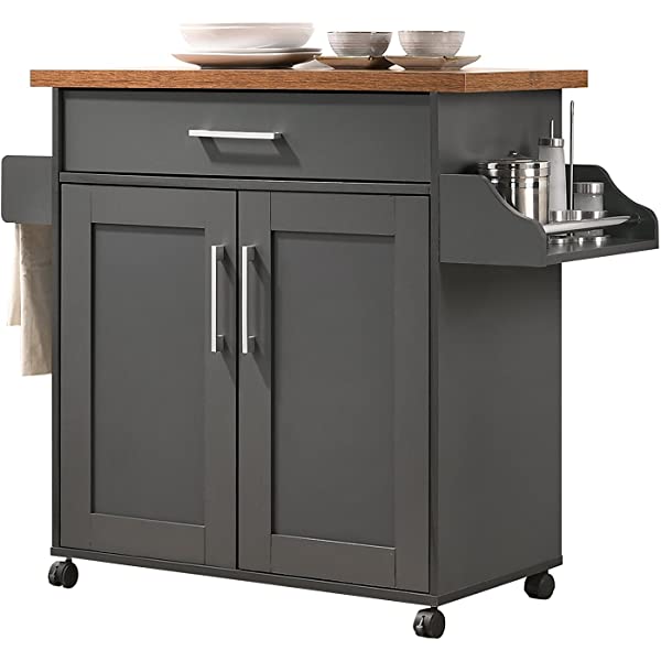 Hodedah Kitchen Island with Spice Rack, Towel Rack & Drawer, Black with Beech Top Black-beech