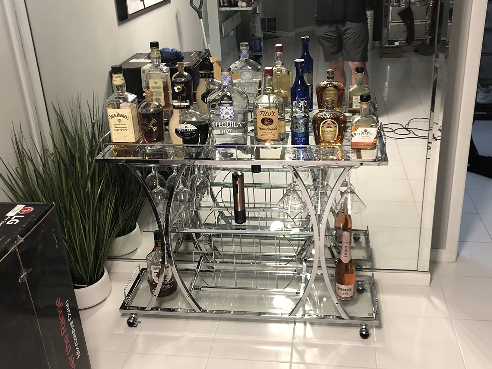 【Furniture】Bar Serving Cart with Glass Holder and Wine Rack, 3-Tier Kitchen Trolley, Mobile Wine Cart for Home