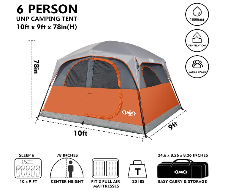 UNP Tents 6 Person Waterproof and Windproof Easy Setup, Double Layer Family Camping Tent