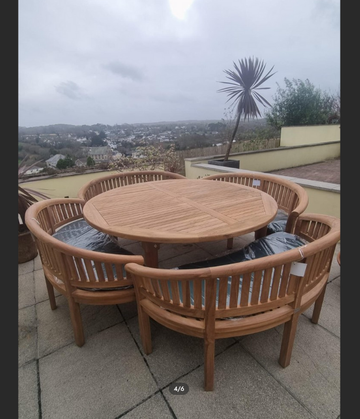 Teak garden dining set. 1.8m “Titan” round table, 4 bowwood style seats