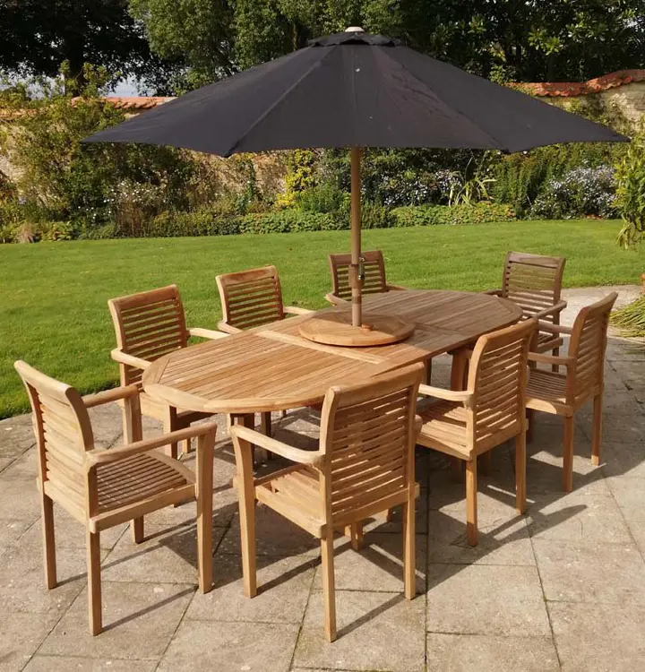 【Home&Garden】【BS】Teak Garden Furniture Set, Garden Table & 8 Chairs, Wooden Garden Furniture Set with Parasol