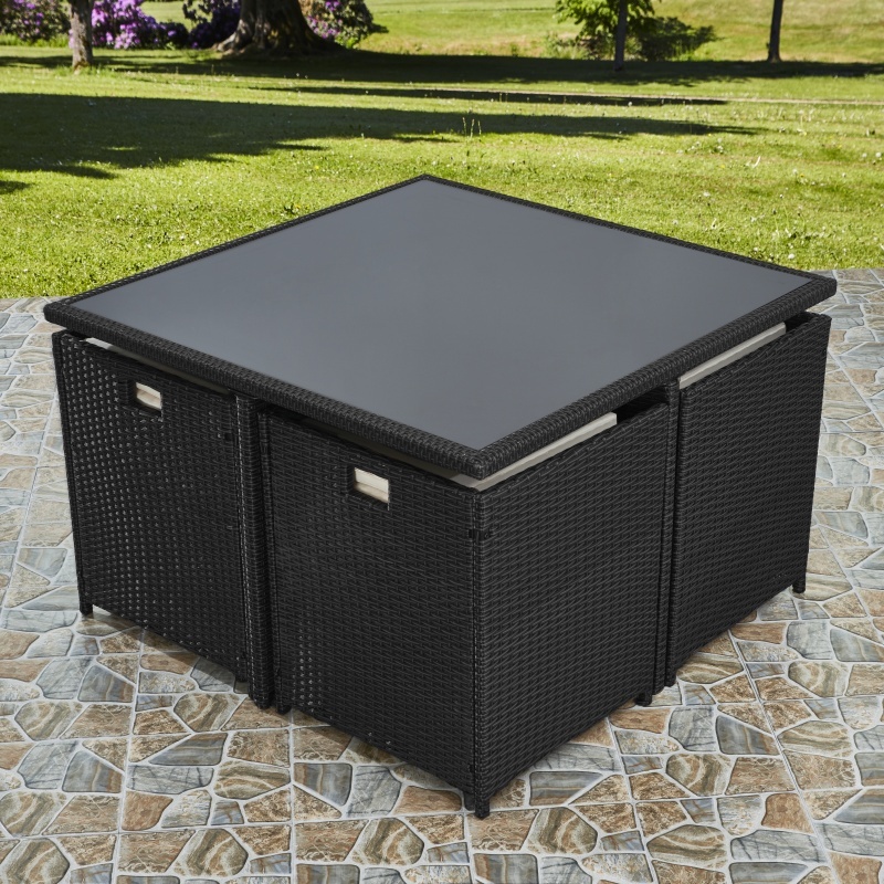 RayGar Deluxe 9 Piece 8 Seater Rattan Cube Dining Table Garden Furniture Patio Set (Grey/Black)