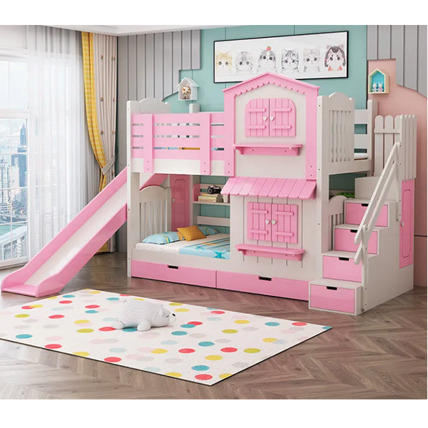 【Furniture】Children's Bunk Bed Mother-Child Bed Girl Bunk Bed with Wardrobe Slide