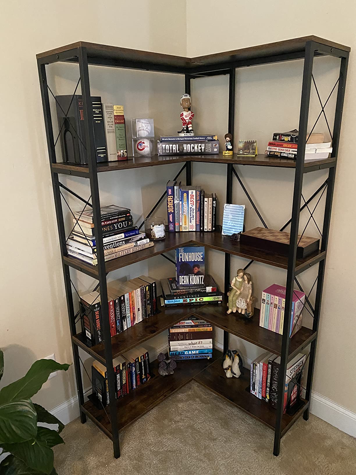 【Furniture】5-Shelf Corner Bookshelf, Large Modern Corner Bookcase, 5-Tier Tall Corner Shelf Storage Display Rack