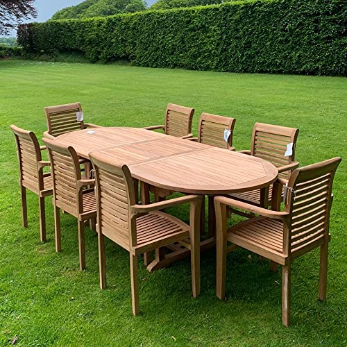 【Home&Garden】【BS】Teak Garden Furniture Set, Garden Table & 8 Chairs, Wooden Garden Furniture Set with Parasol