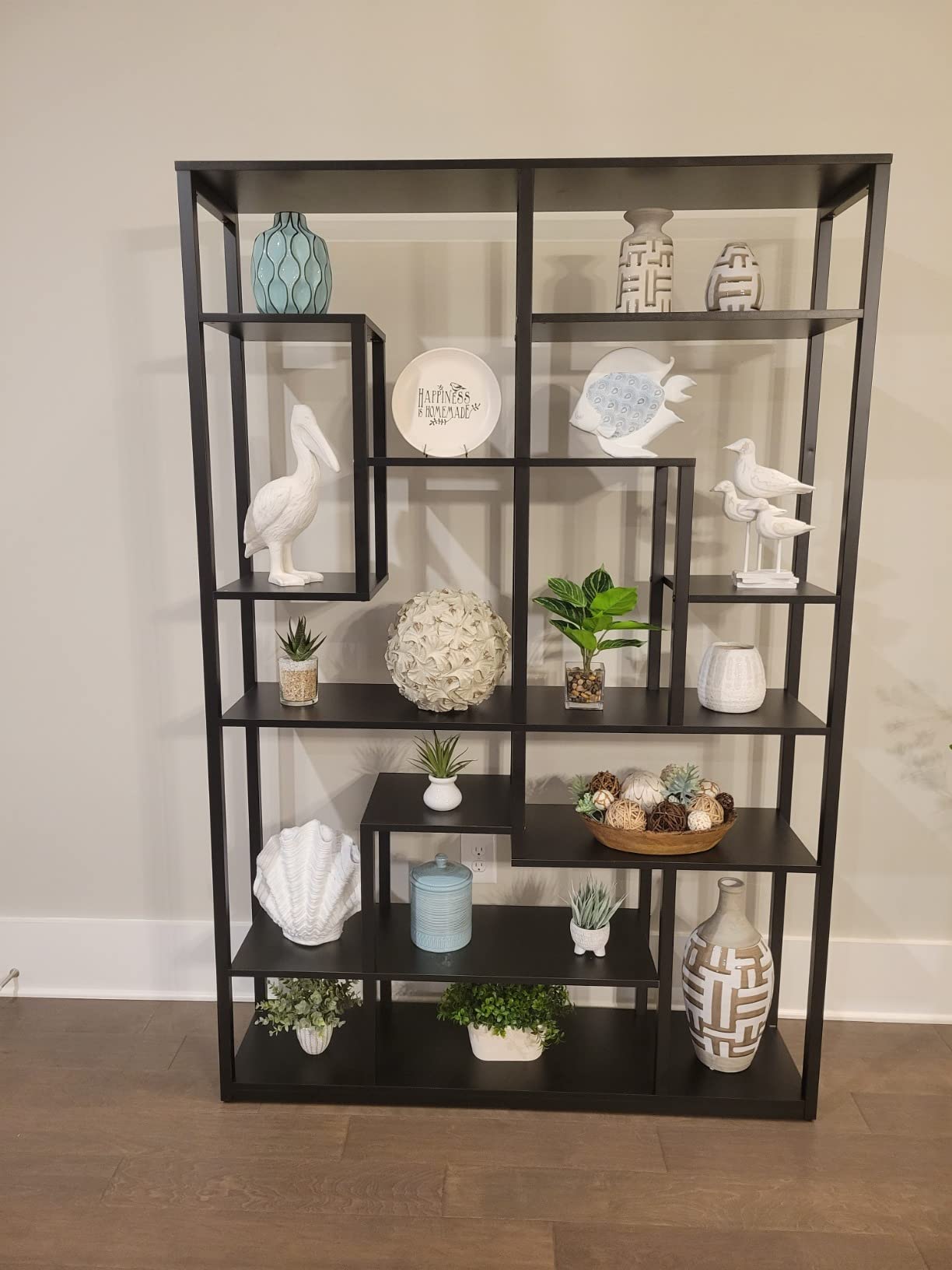 【Furniture】Black Bookshelf 47” Bookcase 9 Tier Tall Book Shelf Rustic Geometric Bookcase Display Shelf Organizer