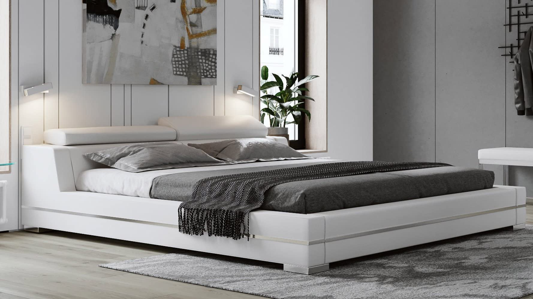 【Furniture】Hera Genuine White Leather Platform Bed with Adjustable Headrests - King