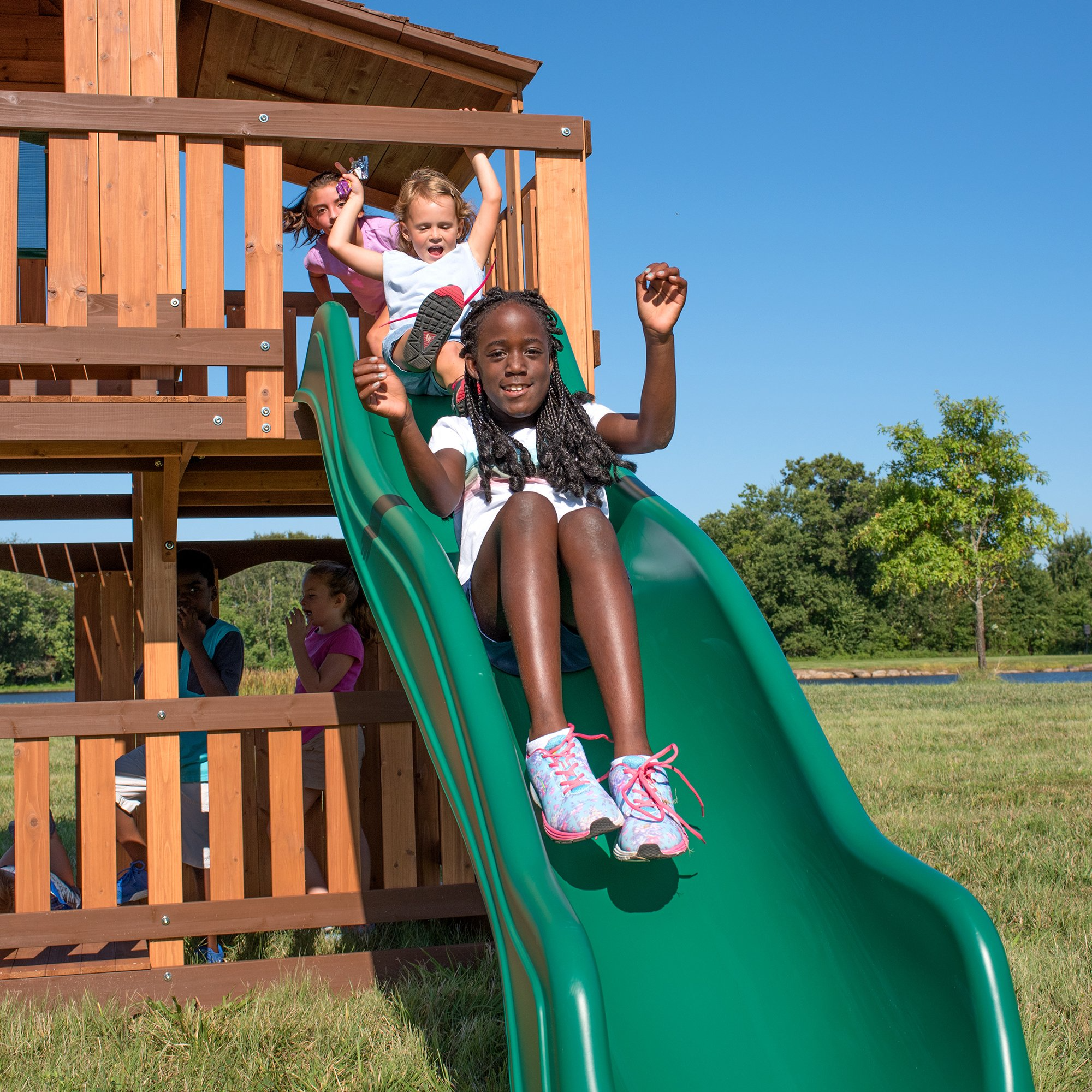 Woodridge Elite All Cedar Wood Swing Set, Upper and Lower Deck, Sandbox, Vented Tunnel