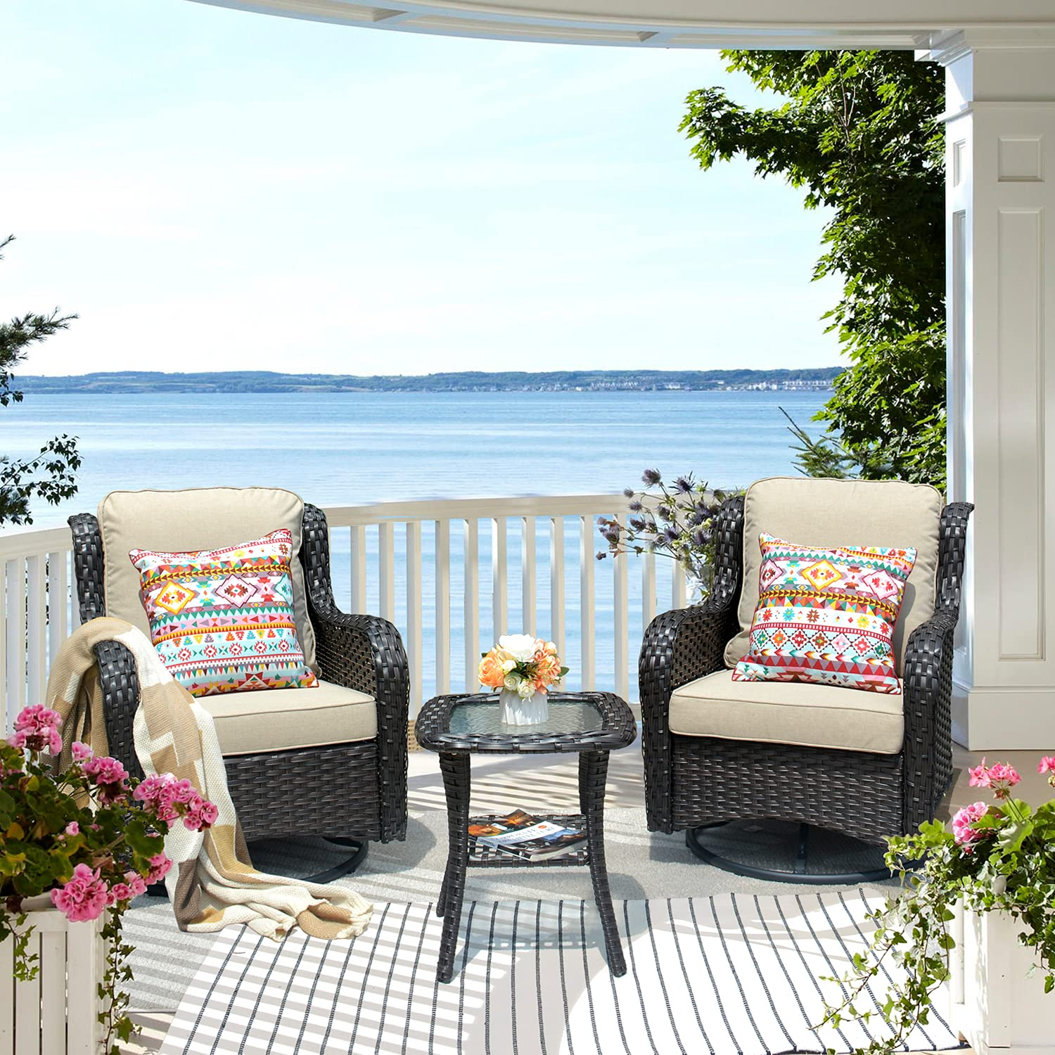 【Furniture】Patio Chair Outdoor Wicker Swivel Rocker Patio Chairs Set of 2 & Matching Side Table