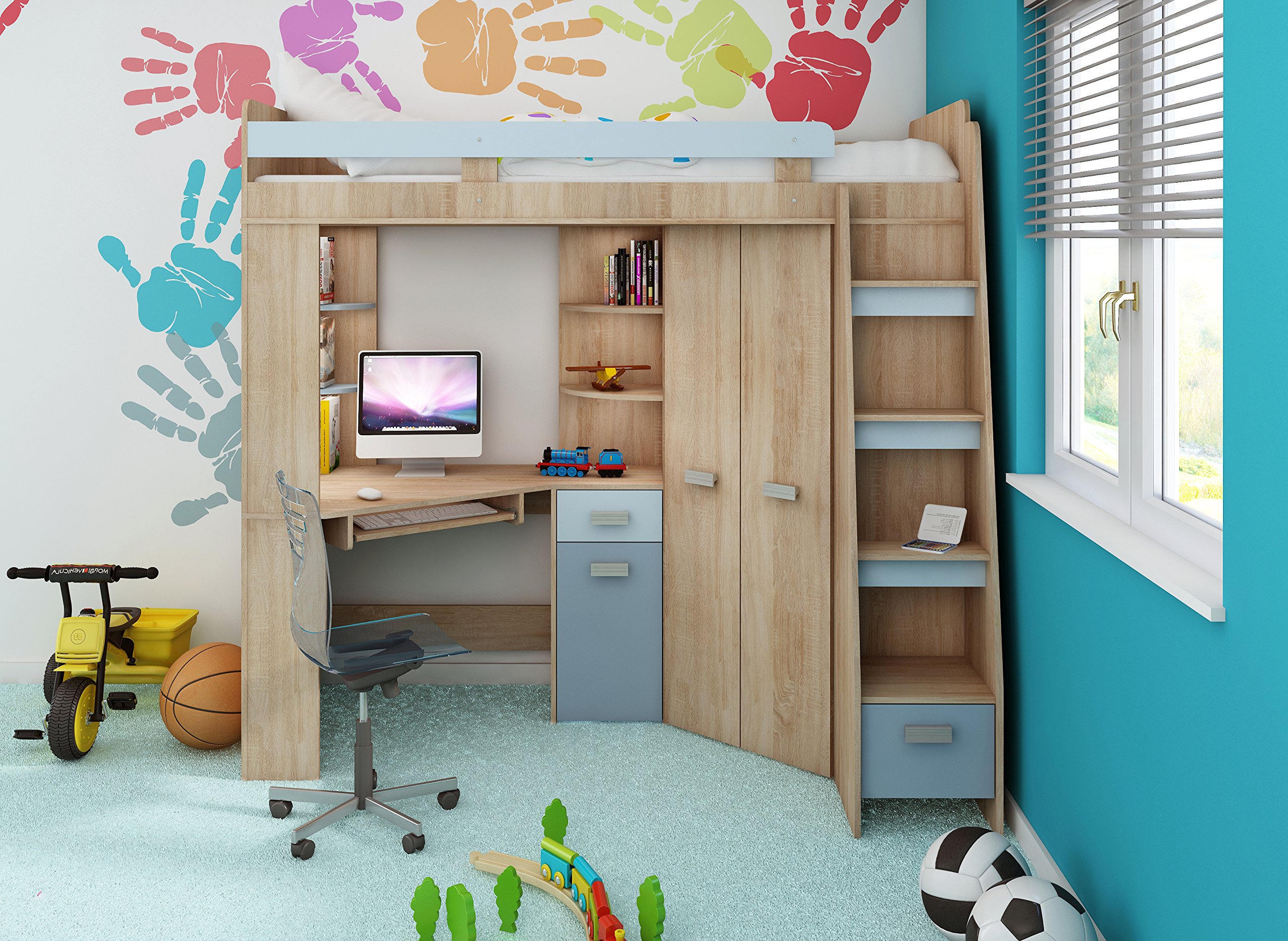 【Furniture】High Sleeper/Bunk Bed - All In 1 Right or Left Hand-side Stairs - Kids/Children Furniture Set