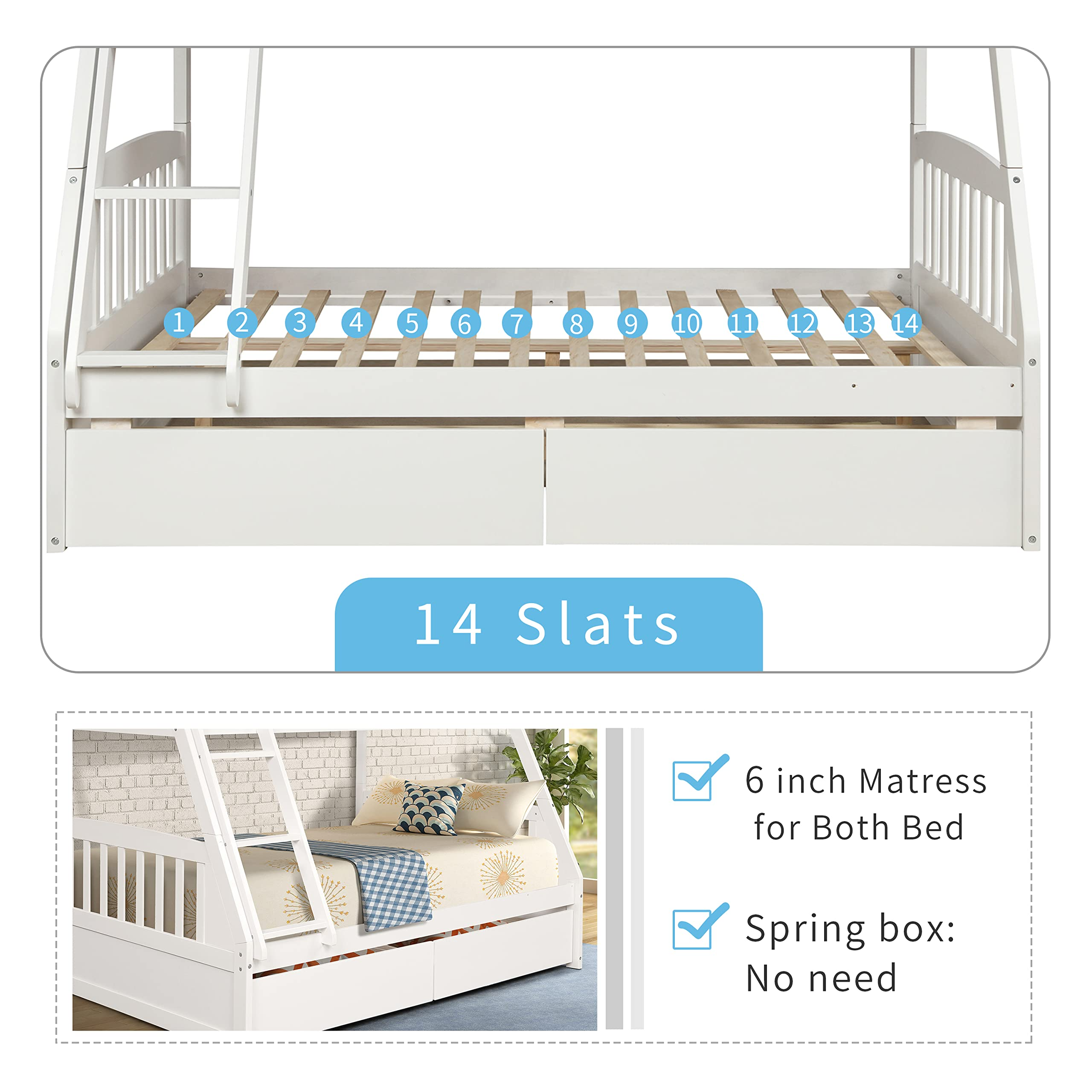 【Furniture】Solid Wood Bunk Bed Frames No Box Spring Needed with Saftey Guard Rails & Storage Drawers