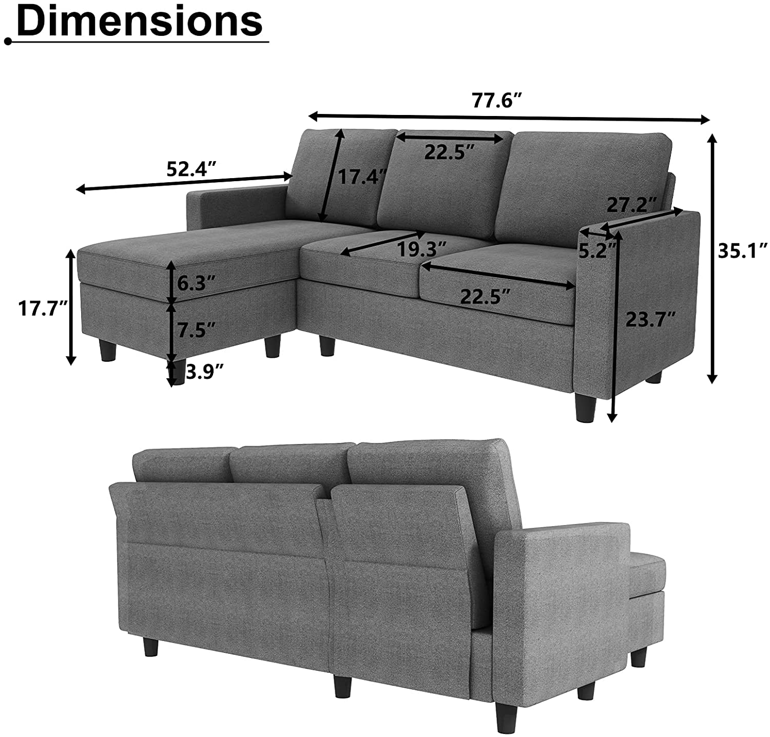 Nolany L-Shaped Corner Sofa 3 Seater Sectional Couch with Reversible Chaise Sofa for Living Room（Grey）