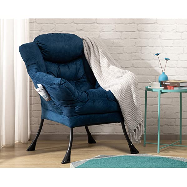 AbocoFur Modern Large Cotton Fabric Lazy Chair，Accent Contemporary Lounge Chair, Single Steel Frame Leisure Sofa Chair with Armrests and A Side Pocket, Beige