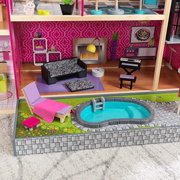 Wooden Modern Dollhouse with Lights & Sounds, Pool and 36 Accessories, Gift for Ages 3+ 49.25