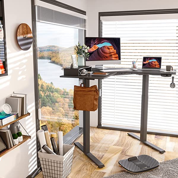 FEZIBO Dual Motor L-Shaped Electric Standing Desk, 48 Inches Height Adjustable Corner Desk, Full Sit Stand Home Office Table with Splice Board, Black Frame/Rustic Brown Top