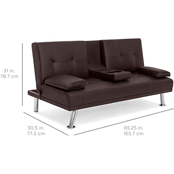 Best Choice Products Faux Leather Upholstered Modern Convertible Folding Futon Sofa Bed for Compact Living Space, Apartment, Dorm, Bonus Room w/Removable Armrests, Metal Legs, 2 Cupholders - Black