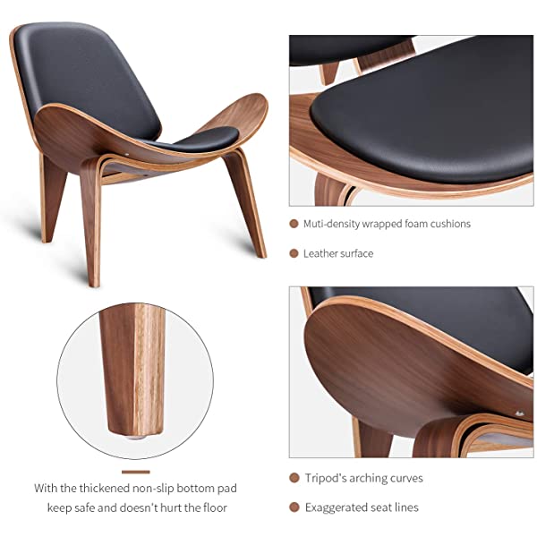 Rimdoc Three-Legged Shell Chair Mid Century Modern Lounge Chair with Black Leather Molded Plywood Accent Chair Reading Side Chair for Bedroom, Study, Office, Living Room (Black Walnut Wood)