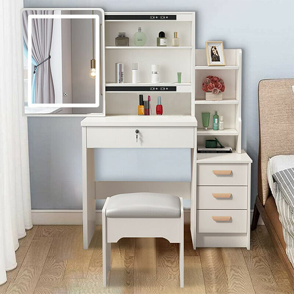 saicheng modern dressing table set with sliding illuminated mirror, makeup white dressing table with 4 storage drawers, dressing table and cushion stool set
