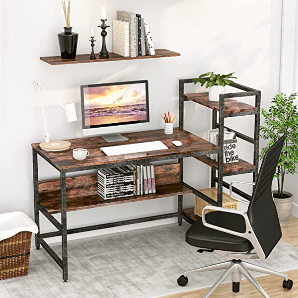 Computer Desk 55 inch with Storage Shelves Study Writing Table for Home Office,Modern Simple Style, Rustic Brown