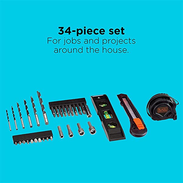 BLACK+DECKER 20V MAX Drill & Home Tool Kit, 34 Piece (BDCD120VA) , Orange Drill Project Kit