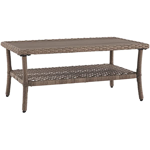 Signature Design by Ashley Clear Ridge Outdoor Wicker Coffee Table with Rust Free Aluminum Base, Light Brown