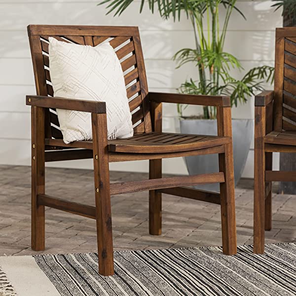 Walker Edison 5 Person Outdoor Wood Chevron Patio Furniture Dining Set Table Chairs Bench All Weather Backyard Conversation Garden Poolside Balcony, 4 Piece, Brown Brown 4 Piece Dining Set