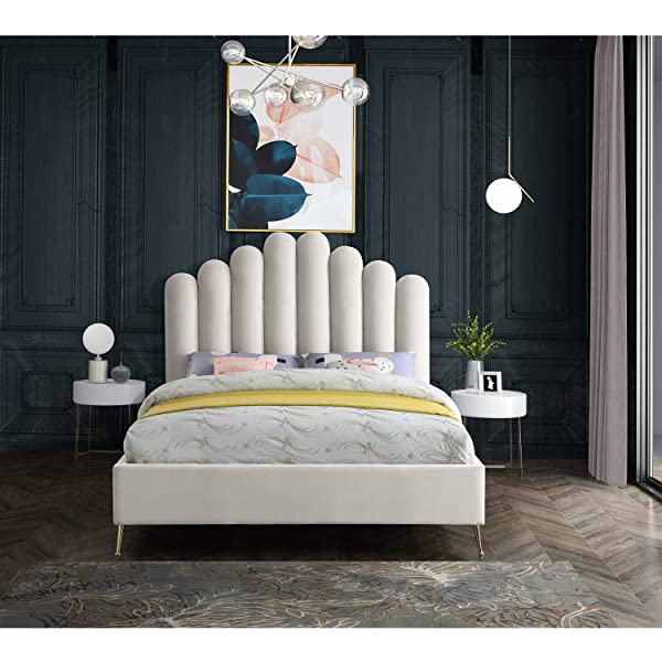 Meridian Furniture Lily Collection Modern | Contemporary Velvet Upholstered Bed with Deep Channel Tufting and Custom Gold Steel Legs, Queen, Cream Cream Queen