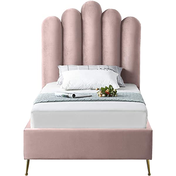 Meridian Furniture Lily Collection Modern | Contemporary Velvet Upholstered Bed with Deep Channel Tufting and Custom Gold Steel Legs, Queen, Cream Cream Queen