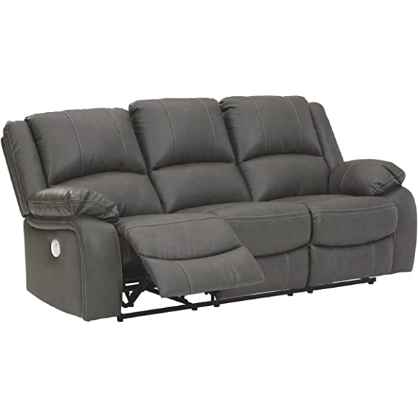 Signature Design by Ashley - Calderwell Contemporary Faux Leather Double Reclining Loveseat w/ Console - Adjustable - Gray Manual Loveseat Grey