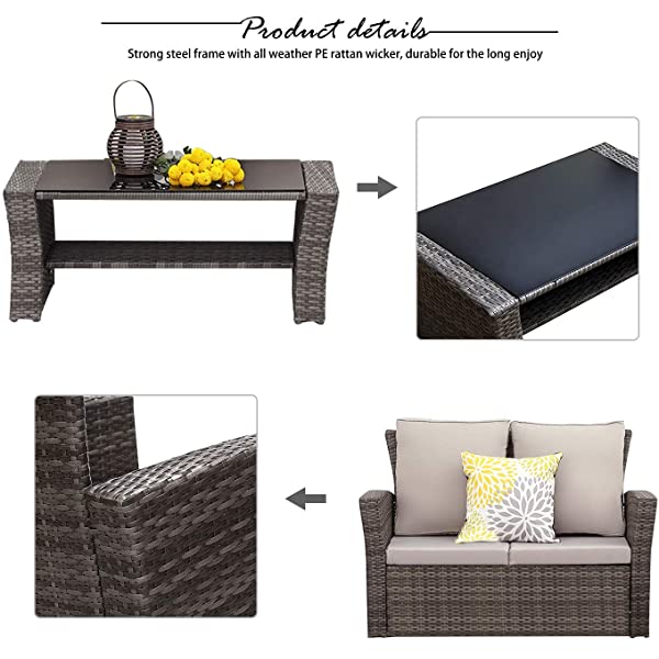 Wisteria Lane 4 Piece Outdoor Patio Furniture Sets, Wicker Conversation Set for Porch Deck, Gray Rattan Sofa Chair with Cushion Grey