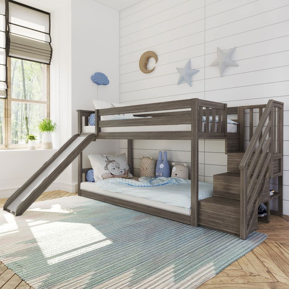Low Bunk Bed, Twin-Over-Twin Bed Frame for Kids with Stairs & Slide, Clay