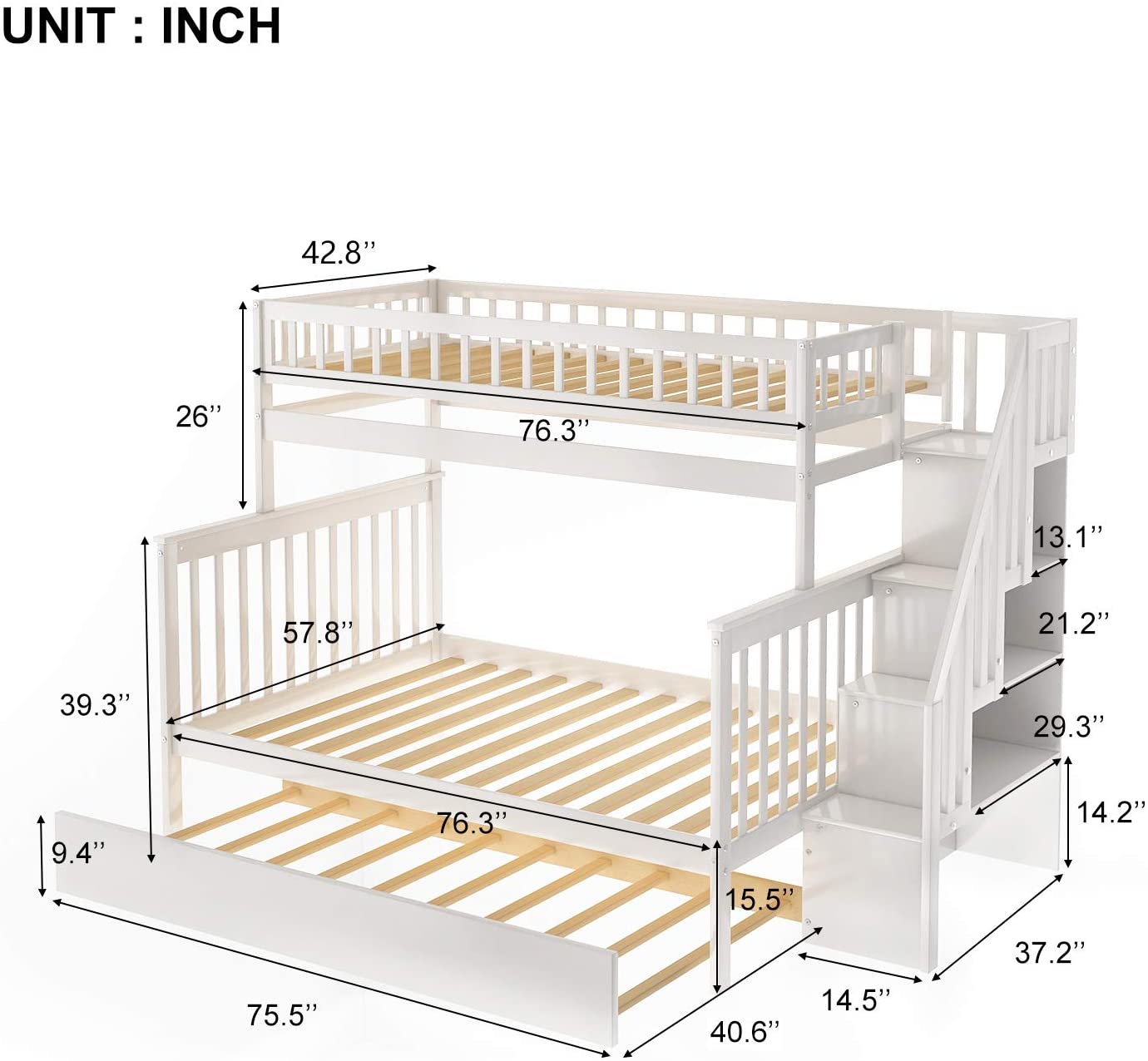 Double bunk bed with stairs, solid wood bunk bed with casters and storage drawers, bunk bed with stairs