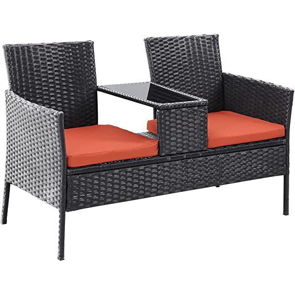 Outdoor Patio Loveseats, Patio Conversation Set with Cushions and Table, Wicker Sofa Set with Built-in Coffee Table, Tempered Glass Top, Modern Rattan Sofas for Garden Lawn Backyard Beige