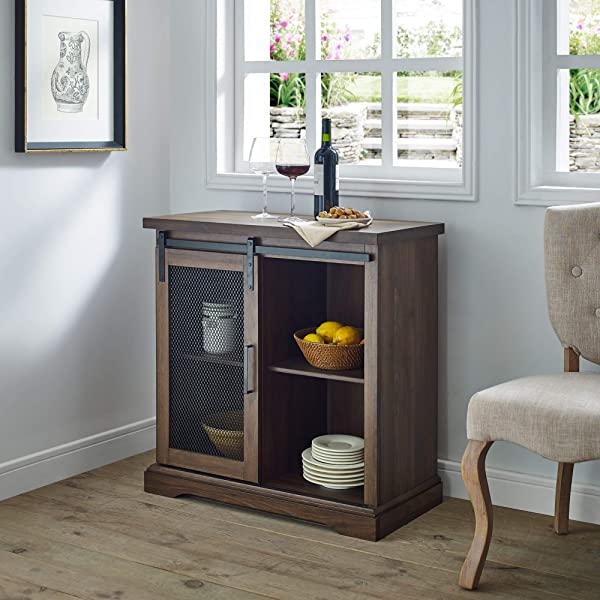 Walker Edison Beaumont Modern Farmhouse Sliding Slat Door Storage Cabinet, 32 Inch, White Oak White Oak Groove Door Cabinet