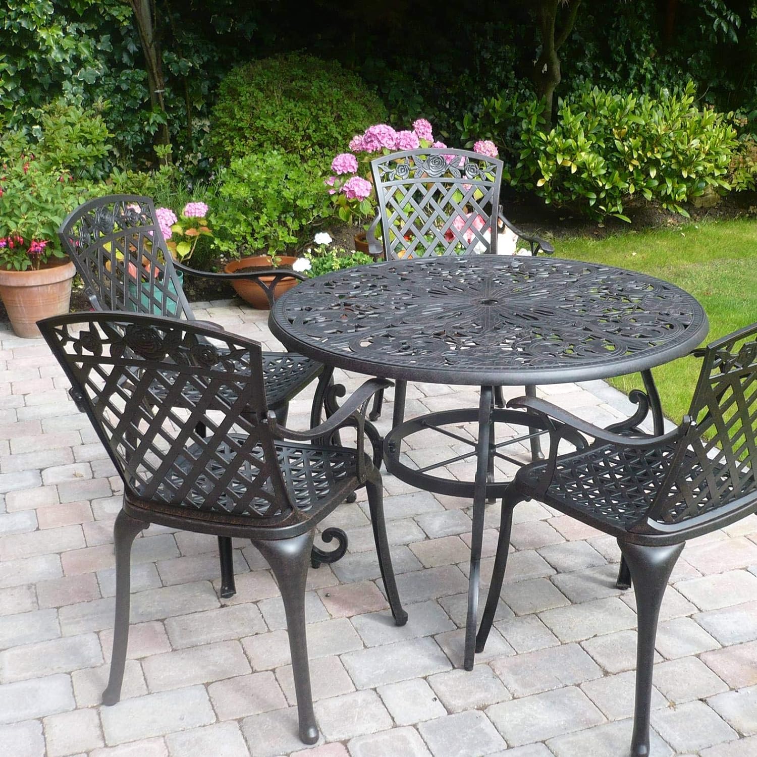 Lazy Susan - Flora Round 4 Seater Cast Aluminium Garden Set - Antique Bronze (Rose chairs)