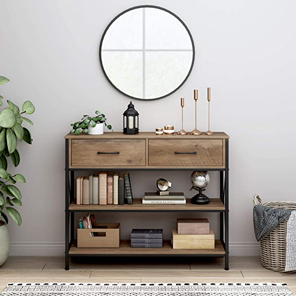 Console Table with Drawers, Rustic Hallway Table with Storage Shelves, Narrow Long Sofa Entryway Table for Living Room, Metal Frame, Dark Brown