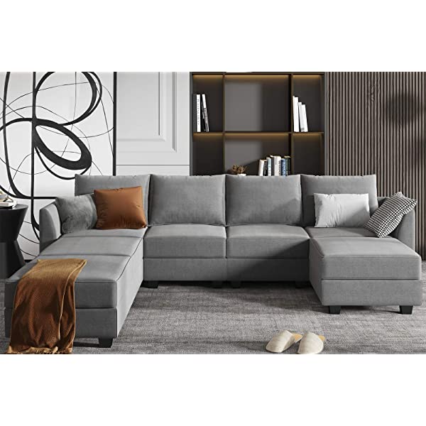 HONBAY Convertible Sectional Sofa U Shaped Couch with Reversible Chaise Modular Oversized Couch Sectional Sofa with Ottomans, Aqua Blue U Shape Sofa-1 Blue