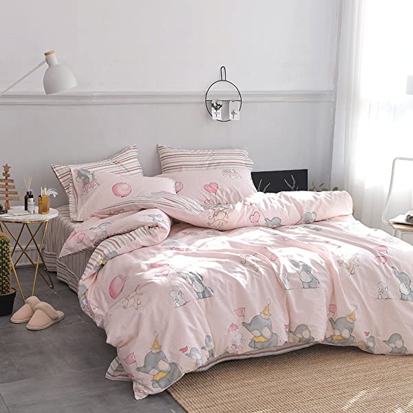 New Cartoon Animals Elephant Print Duvet Cover Sets for Kids 100% Cotton Reversible Soft 3 Pieces Kids Bedding Duvet Cover Pillowcases Kawaii Cloud Bedding Sets, Queen/Full Full/Queen (1 Duvet Cover + 2 Pillowcases) Multi A00 Elephant Bunny Balloon