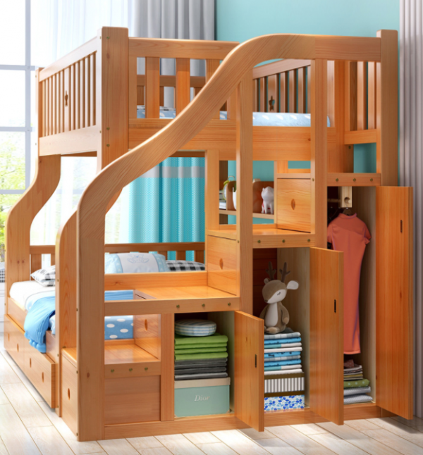 Dylan children's bunk bed with guardrail and ladder, wooden double bed