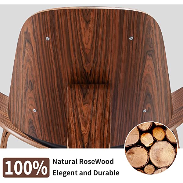 Rimdoc Three-Legged Shell Chair Mid Century Modern Lounge Chair with Black Leather Molded Plywood Accent Chair Reading Side Chair for Bedroom, Study, Office, Living Room (Black Walnut Wood)