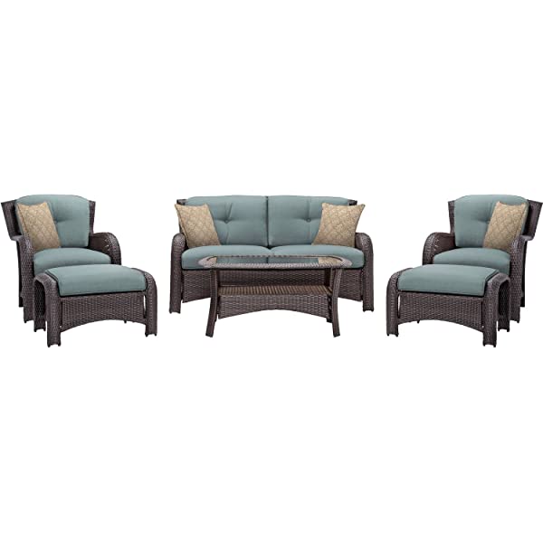 Hanover Strathmere 6-Piece Outdoor Patio Conversation Set, 2 Side Chairs with Ottomans, Loveseat and Tempered Glass Coffee Table, with Hand-Woven Wicker and Thick Cilantro Green Cushions, STRATHMERE6PC