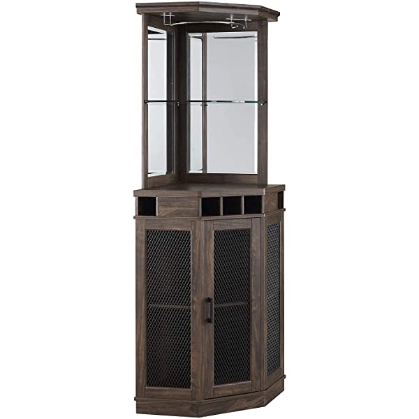 Home Source Stone Grey Corner Bar Unit with Built-in Wine Rack and Lower Cabinet