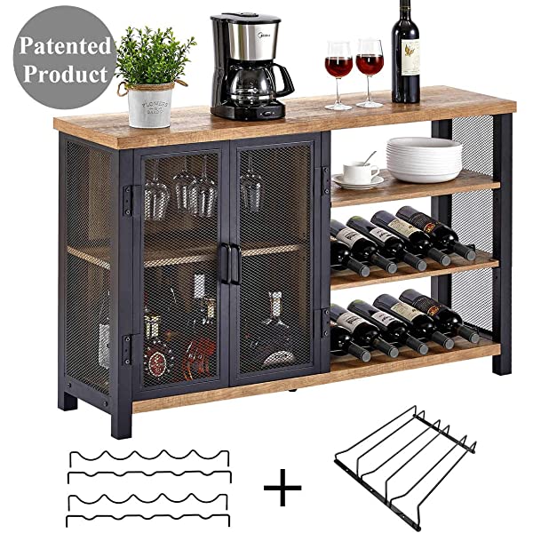 BON AUGURE Industrial Bar Cabinet for Liquor and Glasses, Rustic Wood and Metal Wine Rack Table,  Accent Sideboard Buffet with Doors (47 Inch, Vintage Oak) Wine Cabinet