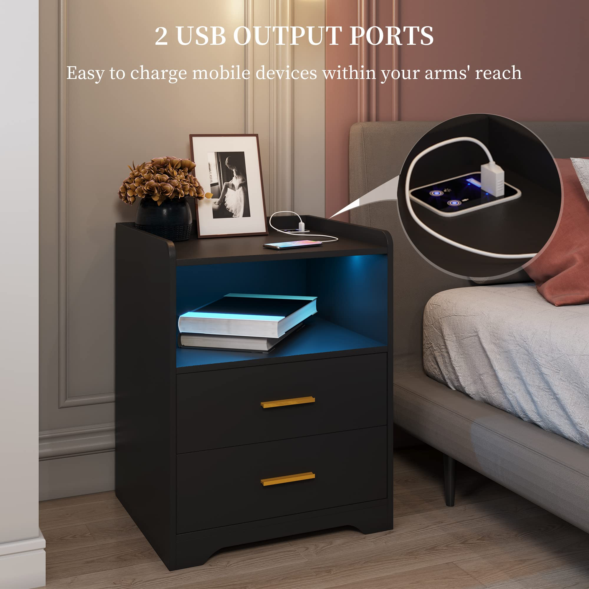【Furniture】Black Nightstand with Charging Station, Night Stands with 2 Drawers, Smart Nightstand Bedside Table Led