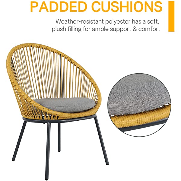OC Orange-Casual 5 Pieces Patio Conversation Set, Outdoor Furniture Set, All-Weather Wicker Chairs with Round Glass Top Table and 4 Chairs, for Garden,Backyard, Indoor Outdoor Use, Yellow