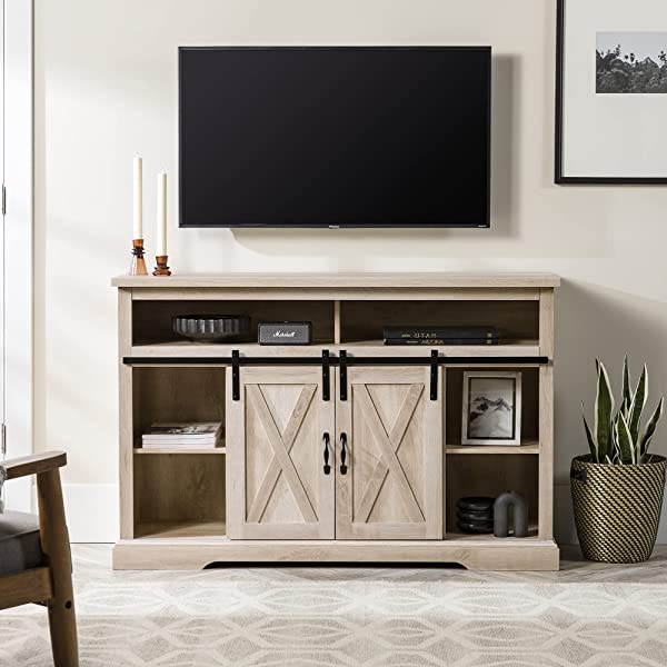 Walker Edison Richmond modern farmhouse sliding barn door TV stand for up to 52 inches, white and rustic oak white without fireplace 52 inches TV