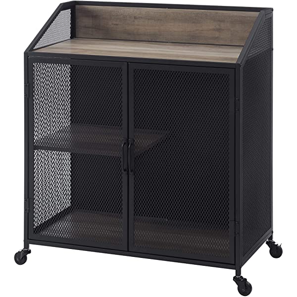 Walker Edison Malcomb Urban Industrial Metal Mesh Double Door Rolling Bar Cabinet, 33 Inch, Rustic Oak Rustic Oak 33 Inch